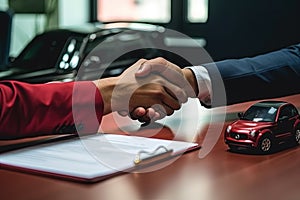 Salesman shaking hands with his client after selling a car at dealership. Generative AI