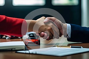 Salesman shaking hands with his client after selling car at dealership. Generative AI