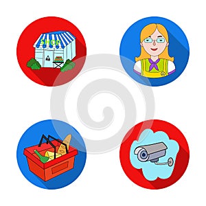 Salesman, woman, basket, plastic .Supermarket set collection icons in flat style vector symbol stock illustration web.