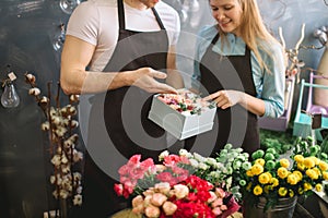 Salesmen choosing box for composition at florist`s