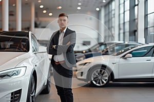 salesperson at car dealership with vehicle lineup and sales figures merged in