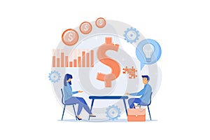 Salesperson suggesting a solution idea to consumers problem. Consultative sales, customer-oriented selling, trendy sales method photo
