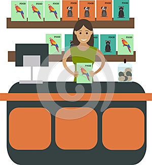 Saleswoman selling food for parrot at zoo shop vector icon isolated on white