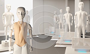 Saleswoman in shop for autonomous artificial intelligence robots 3d-illustration