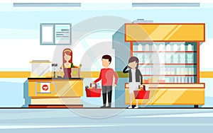 Saleswoman in supermarket interior. People standing in store checkout line. Vector flat illustration of mall