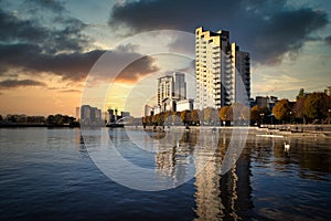 Salford quays Manchester at sunset