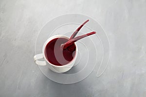 Salgam or fermented beet juice in mug. Popular Turkish drink. Traditional beverage made with water, purple carrot or turnip juice