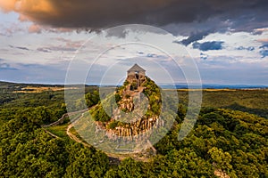 Salgotarjan, Hungary - Aerial view of the ruins of Salgo Castle Salgo vara in Nograd county with dark storm clouds above