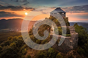 Salgotarjan, Hungary - Aerial view of the ruins of Salgo Castle Salgo vara in Nograd county with a beautiful dramatic sunset