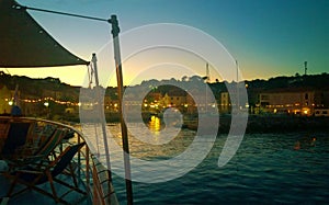 Sali, Croatia -Night landscape view of Sali waterfront from cruise ship deck moored at harbor