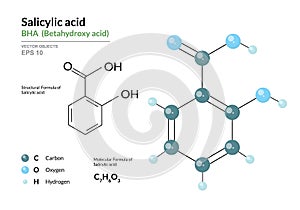 Salicylic acid. BHA Betahydroxy acid. Structural chemical formula and molecule 3d model. Atoms with color coding. Vector