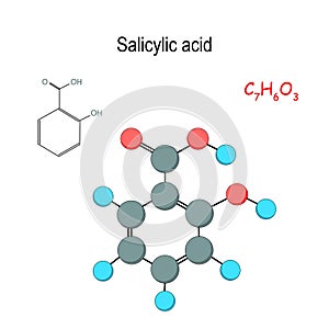 Salicylic acid. Chemical structural formula and model of hormone molecule. C7H6O3