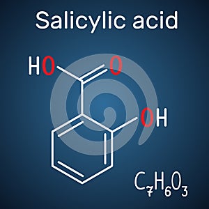 Salicylic acid molecule. It is a type of phenolic acid. Structural chemical formula and molecule model on the dark blue background