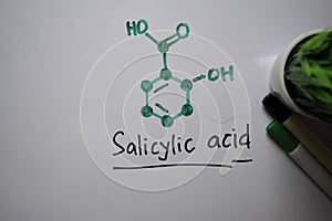 Salicylic acid molecule write on the white board. Structural chemical formula. Education concept