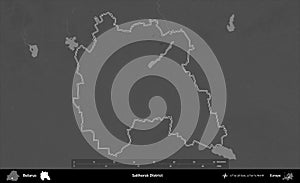 Salihorsk District outlined, Belarus. Grayscale