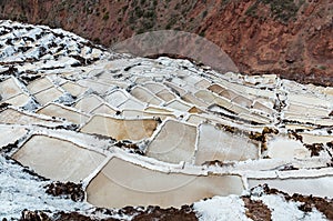 Salinas de Maras, Peru . Salt natural mine. Inca Salt pans at Maras, near Cuzco in Sacred Valley, Peru