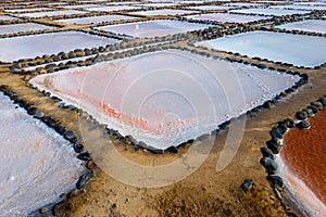 Salinas de Tenefe salt evaporation ponds, southeastern part of the island, pink color created by Dunaliella salina