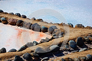 Salinas de Tenefe salt evaporation ponds, southeastern part of the island, pink color created by Dunaliella salina