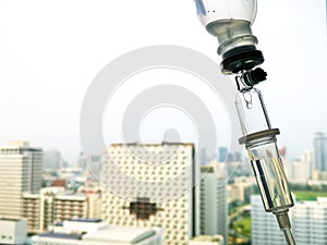 Saline drip medical,IV Drip Solution, Intravenous Treatment for Hospital Patients,coronavirus or covid-19 concept.soft focus.