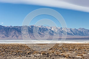 Saline Owens lake with Sierra Nevada mountains