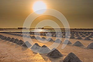 Saline, salt farm in sunset