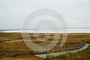 Saline,salt lake Baskunchak. Astrakhan region. Russian landscape