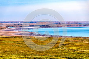 Saline or salt lake Baskunchak. Blue lake in Astrakhan region. Russia landscape