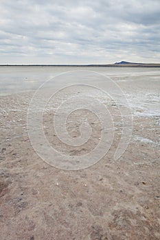 Saline salt lake Baskunchak landscape.