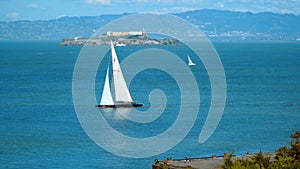 Saling boat in the San Francisco Bay with a view over Alcatraz - travel photography