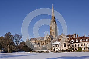 Salisbury cathedral in the snow