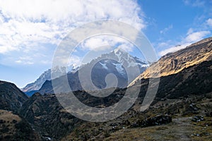 Salkantay mountain peak towering over andes landscape peru