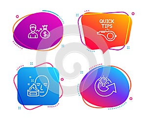 Sallary, Face cream and Tutorials icons set. Share idea sign. Person earnings, Gel, Quick tips. Solution. Vector