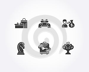 Sallary, Gifts and Luggage icons. Give present, Marketing strategy and Victory signs. photo
