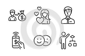 Sallary, Like and Love icons set. Phone payment, Businessman person and Algorithm signs. Vector photo