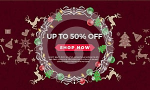 Salle background with christmas wreath and balls toy. Red  background. Vector illustration