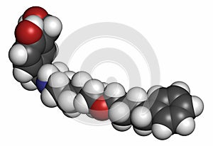 Salmeterol asthma drug molecule. Atoms are represented as spheres with conventional color coding: hydrogen (white), carbon (grey