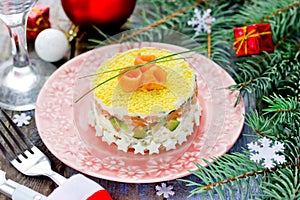 Salmon avocado rice salad on Christmas dinner table
