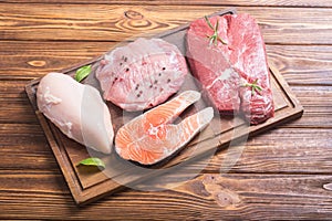 Salmon , beef , pork and chicken