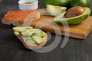 Salmon on bread slices gourmet appetizer with avocado. Fresh salmon   and avocado sandwich. Healthy food concept.