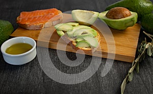 Salmon on bread slices gourmet appetizer with avocado. Fresh salmon   and avocado sandwich. Healthy food concept.