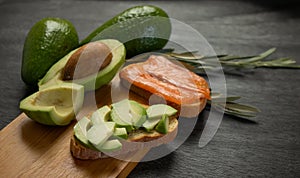 Salmon on bread slices gourmet appetizer with avocado. Fresh salmon   and avocado sandwich. Healthy food concept.