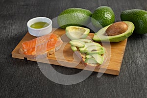 Salmon on bread slices gourmet appetizer with avocado. Fresh salmon   and avocado sandwich. Healthy food concept.