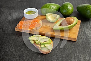 Salmon on bread slices gourmet appetizer with avocado. Fresh salmon   and avocado sandwich. Healthy food concept.