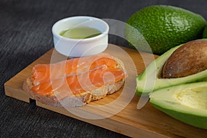Salmon on bread slices gourmet appetizer with avocado. Fresh salmon   and avocado sandwich. Healthy food concept.