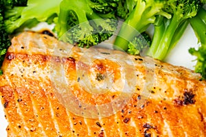 Salmon and broccoli florets macro food photography