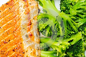 Salmon and broccoli florets macro food photography