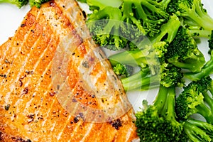 Salmon and broccoli florets macro food photography overhead shot