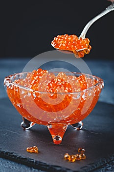 Salmon caviar in glass plate