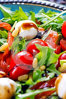 Salmon, cherry tomatoes, arugula salad, pine nuts, mozzarella