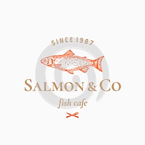 Salmon and Co Abstract Vector Sign, Symbol or Logo Template. Hand Drawn Fish with Classy Retro Typography. Fork and